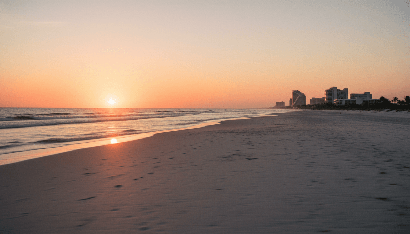 A serene sunset over a pristine beach in The Palm Beaches, highlighting new luxury hotels and wellness resorts.