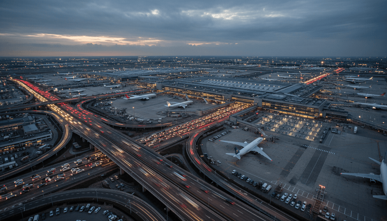 An aerial view of a large, bustling international airport, showing multiple airplanes at gates and long queues of cars approaching security checkpoints, illustrating the impact as the US DHS shutdown ends.