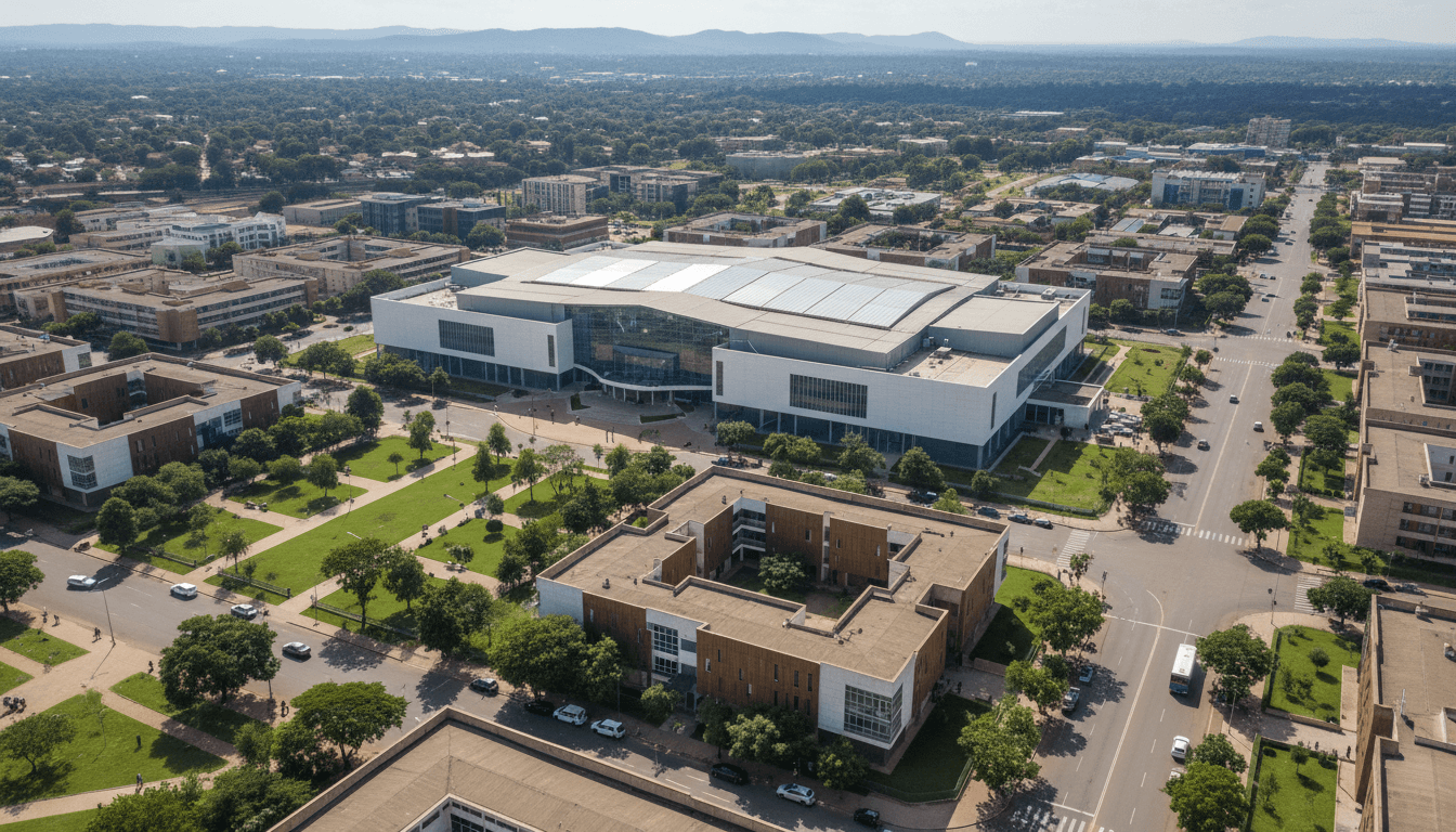 Aerial view of a modern convention center in a lush urban setting, highlighting the scale of the human rights tech summit venue.