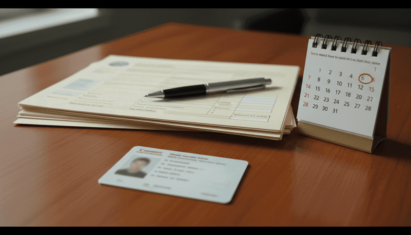A composition of various objects representing Medicaid work requirements: a healthcare ID card, a stack of forms, a small calendar marking dates, and a pen, all on a wooden desk.