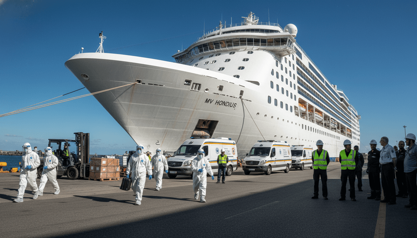 A cruise ship docked at a port with medical personnel and equipment visible, highlighting the Cruise Ship Hantavirus Outbreak response.