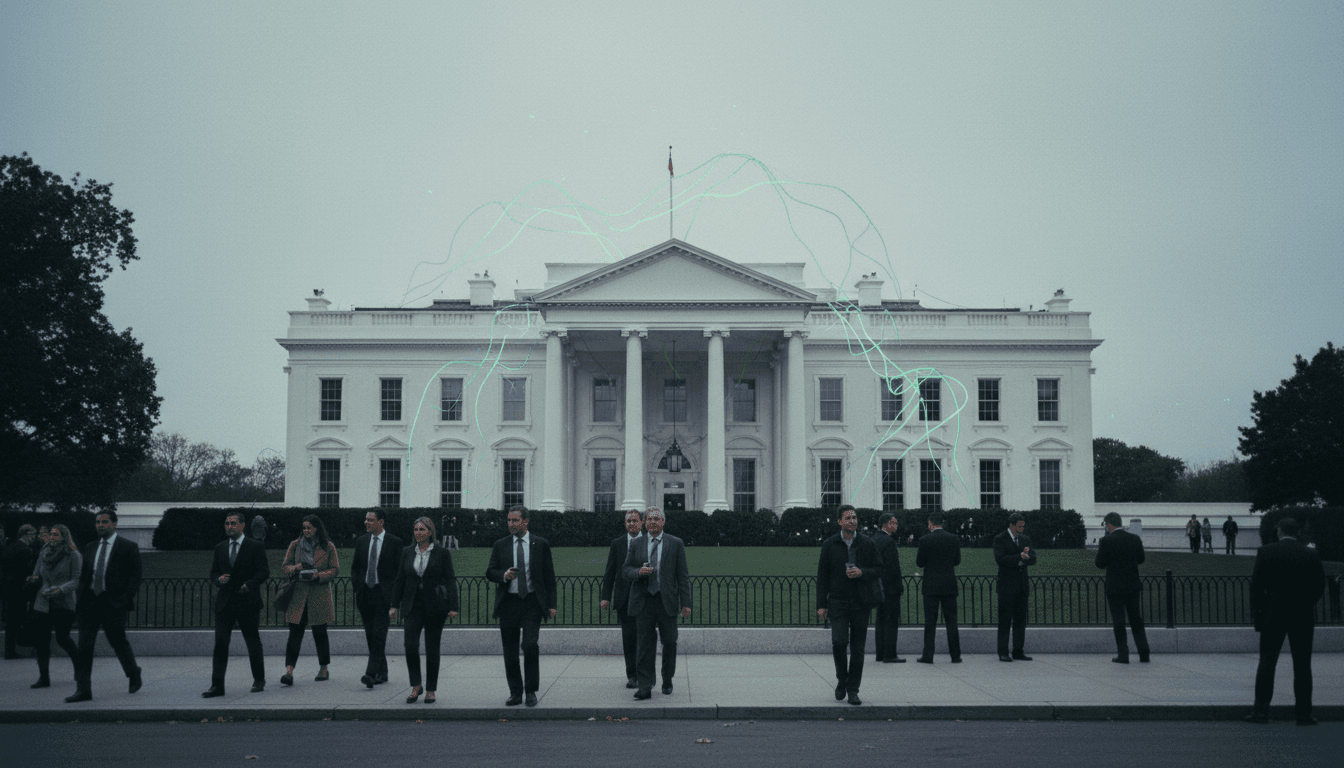 A digital representation of the White House building with a subtle overlay of abstract AI neural network patterns, symbolizing how the White House considers vetting A.I. models.
