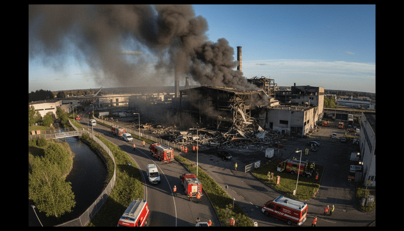 Rescue workers and emergency vehicles at the site of a China fireworks factory explosion, with smoke rising in the background.