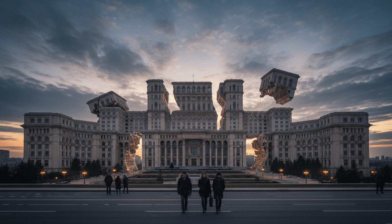 A conceptual image representing the instability after the Romanian government collapses, with fragmented government buildings.