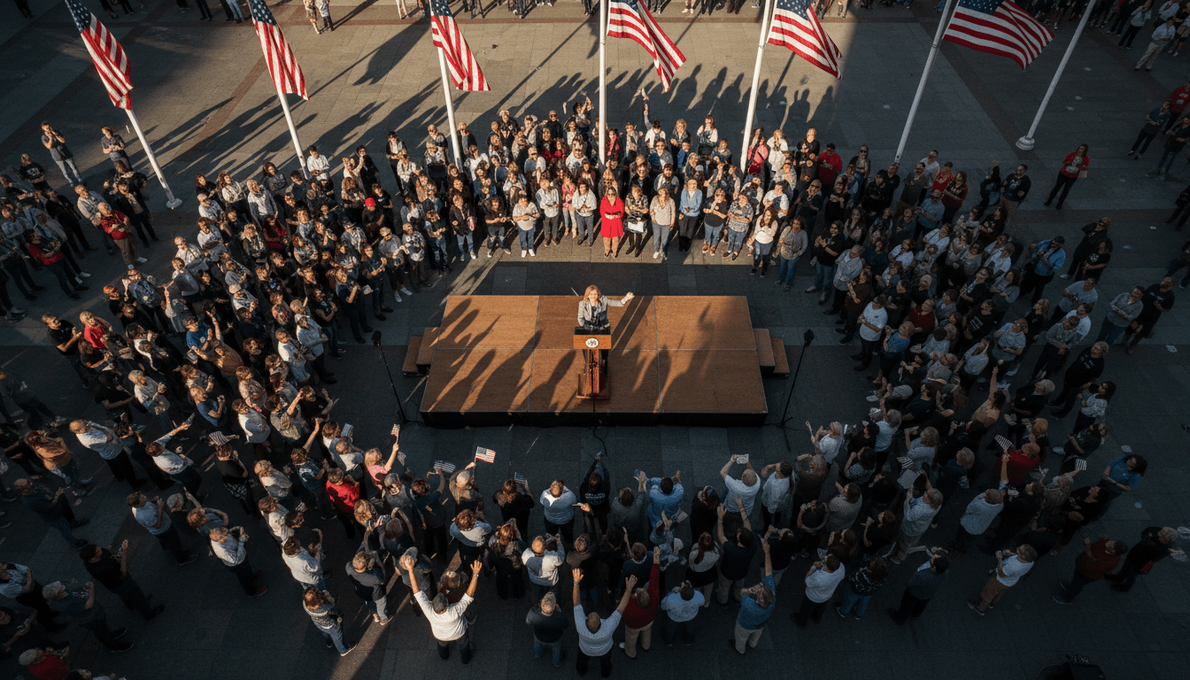 A street-level candid shot of Vivek Ramaswamy speaking at an outdoor rally, highlighting the impact of the Ohio Governor Primaries.