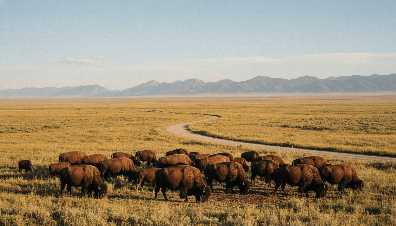 A wide shot of a vast, open landscape with rolling hills and a large herd of bison grazing, symbolizing Ted Turner's passing and his environmental legacy.