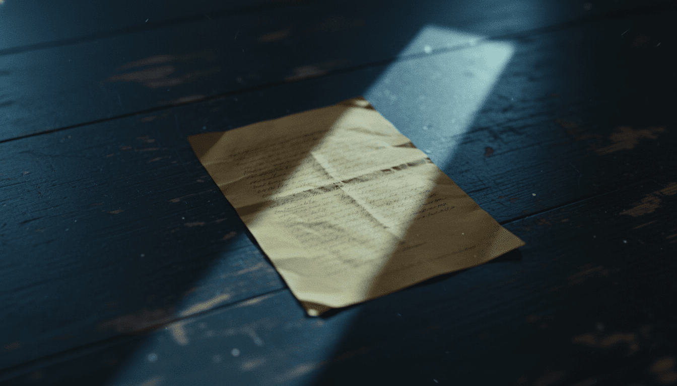 A solitary, aged yellow legal pad with faint, handwritten text, illuminated by a beam of light, symbolizing the unsealed Jeffrey Epstein suicide note.