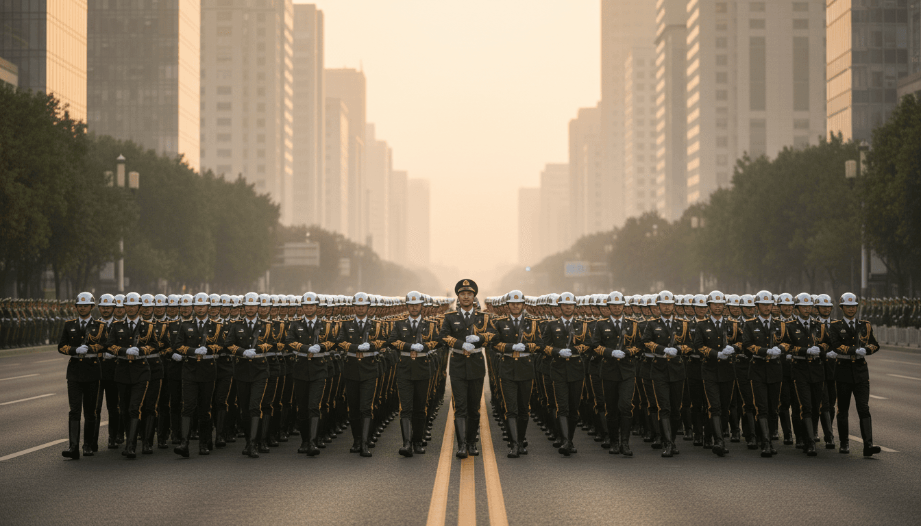 A military parade in Beijing with soldiers marching in formation, symbolizing the ongoing China military purge and anti-corruption efforts.