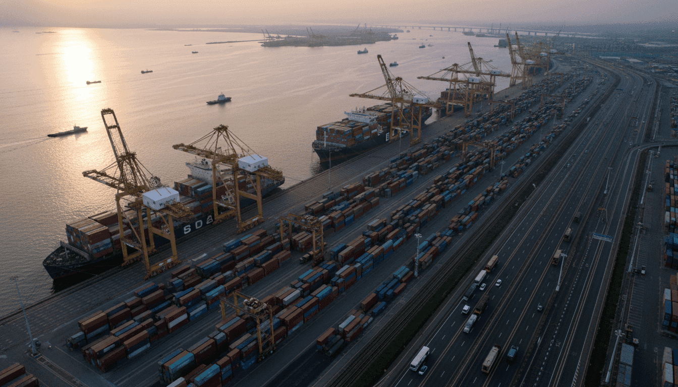 Aerial view of a bustling international port with cargo ships and containers, illustrating the impact of the trade court strikes down Trump tariffs decision.