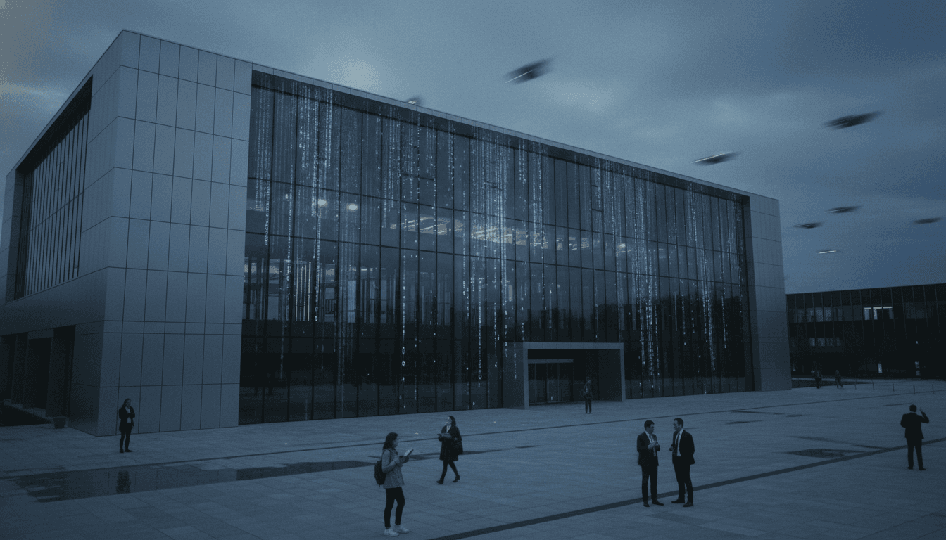 A conceptual depiction of major UFO files being declassified, with digital data streams emanating from a government building.