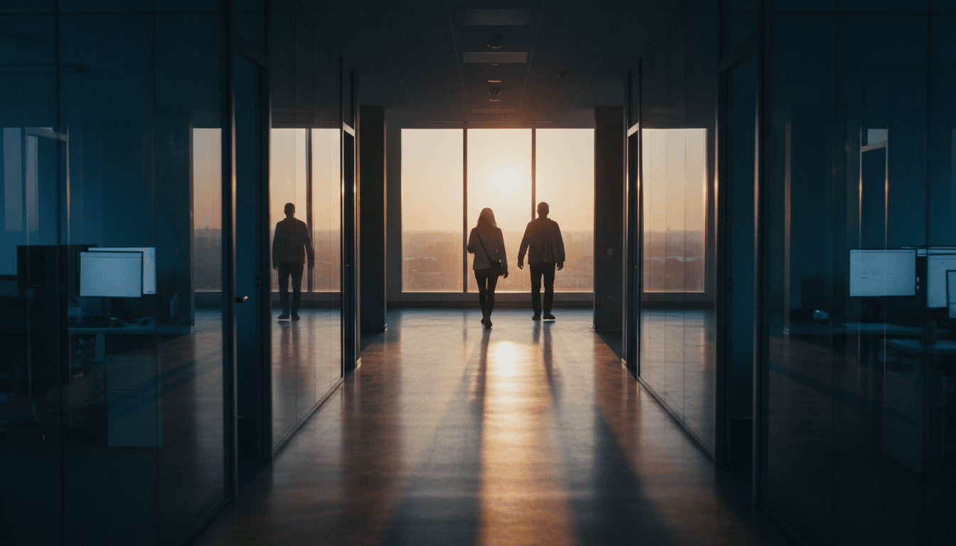 A dimly lit, empty office corridor in a modern tech building, symbolizing the GM IT workforce reductions and the shift in corporate strategy.