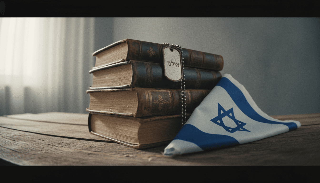 A stack of religious texts, a military dog tag, and a folded Israeli flag, symbolizing the Israel government collapse crisis.