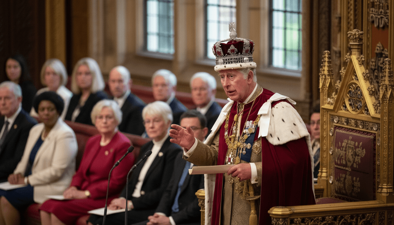 King Charles III in ceremonial robes delivering the King's Speech in the House of Lords, outlining the UK government agenda.