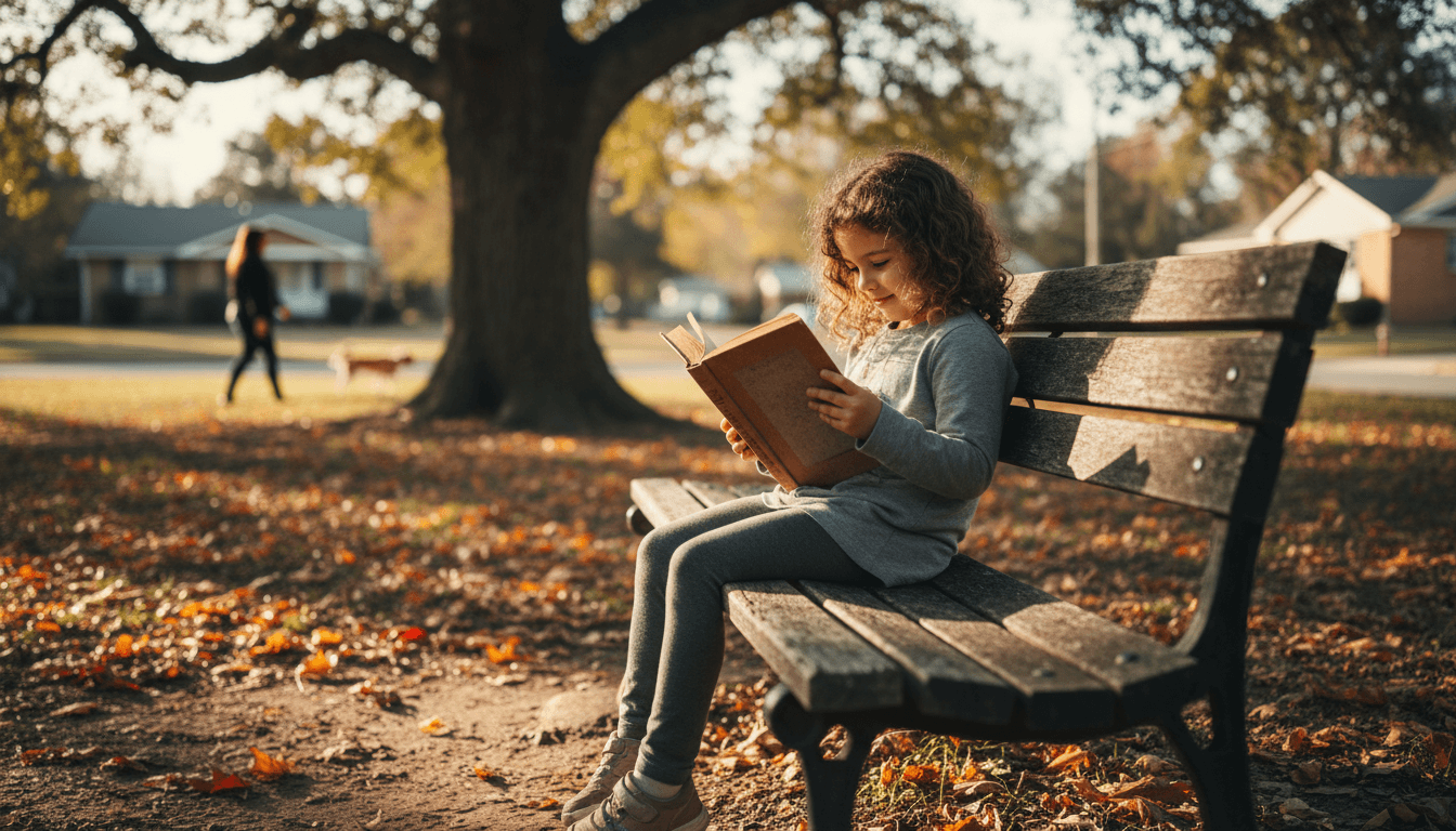 A child engrossed in a book, seated on a park bench, symbolizing the impact of the children's reading recession.