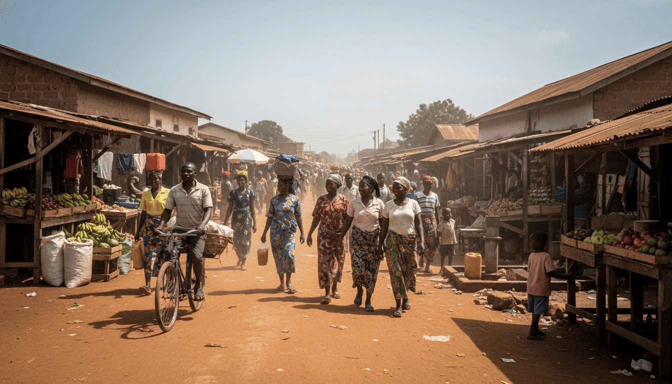 A bustling street scene in Bunia, DR Congo, with people going about their daily lives, illustrating the community affected by the Ebola outbreak DR Congo Americans exposed.