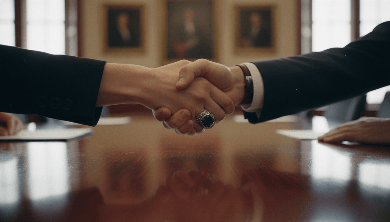 Close-up detail of a handshake between two leaders, symbolizing the deepening anti-U.S. alliance between Russia and China.