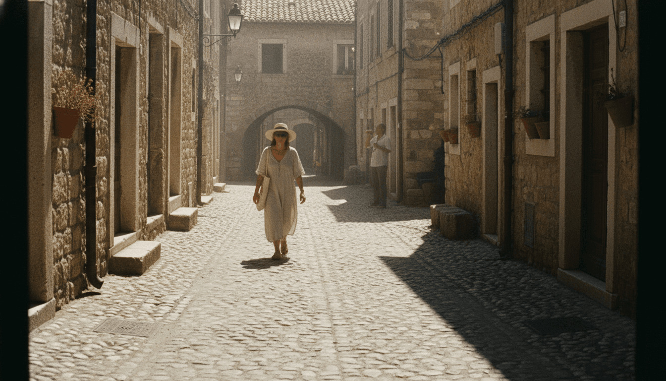 An empty, sun-baked European street during Europe's deadly early heatwave, showing shimmering heat haze.
