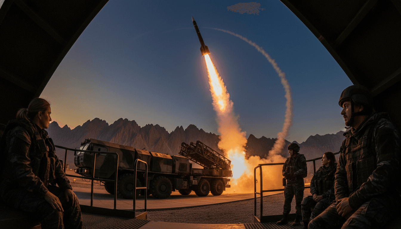 A North Korean AI-guided missile tests launch from a mobile launcher, with smoke trailing behind it against a dusk sky.