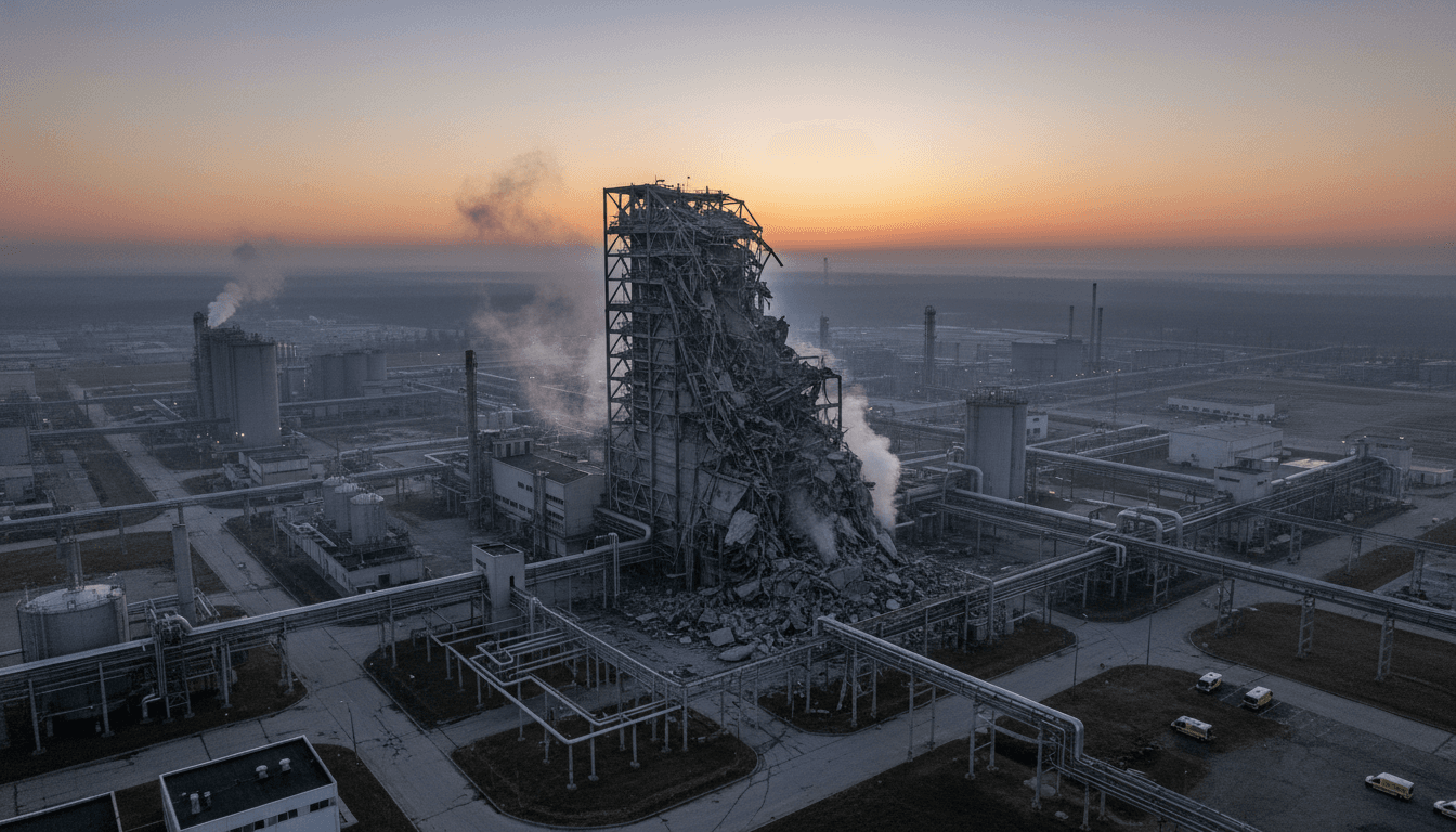An aerial view of the damaged Longview paper mill explosion site at dawn, with smoke faintly rising and emergency vehicles visible.
