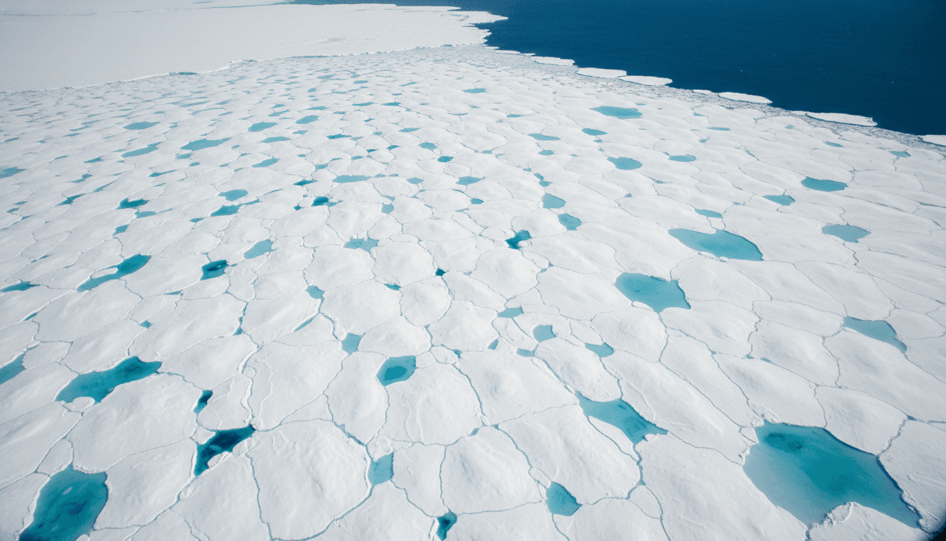 An aerial view showing the stark contrast of melting glaciers and receding ice sheets, highlighting the impact of global temperatures near-record highs on polar regions.
