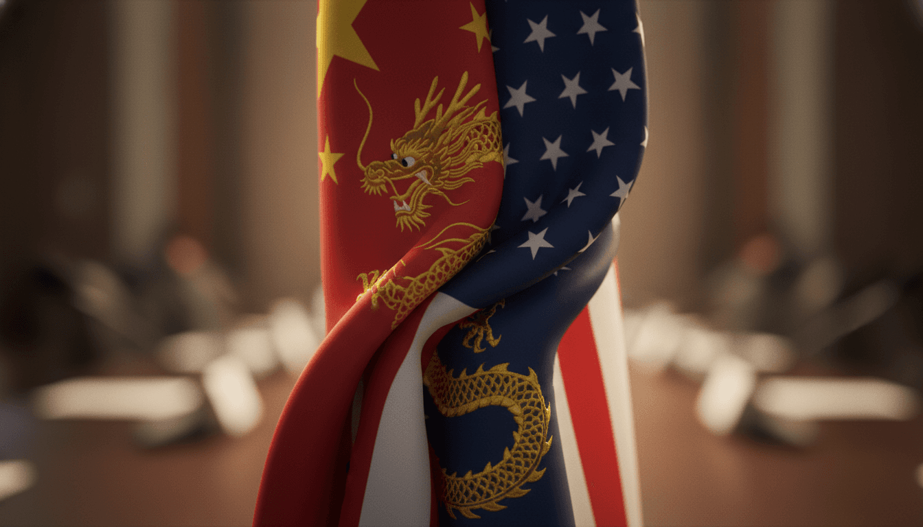 Close-up of two ornate, traditional Chinese and American flags gently overlapping, symbolizing the diplomatic dialogue between China, US top diplomats.