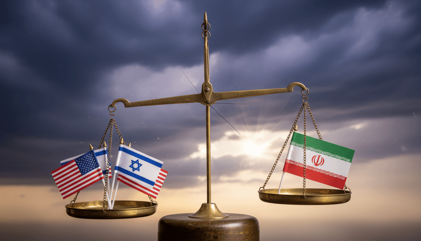 A conceptual image depicting a delicate balance scale with the flags of the US, Israel, and Iran on opposing sides, symbolizing the surging US-Israel-Iran tensions and the precarious state of peace negotiations. One side of the scale is dipping precariously, with storm clouds gathering in the background, illustrating the 'Iran warns fresh clash' narrative.