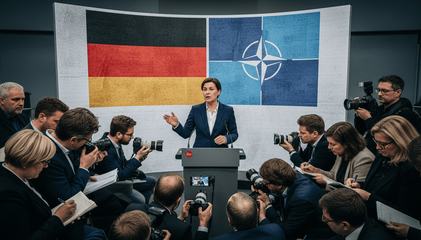 German government official in a press conference discussing a potential US troop withdrawal, with NATO flags visible in the background.