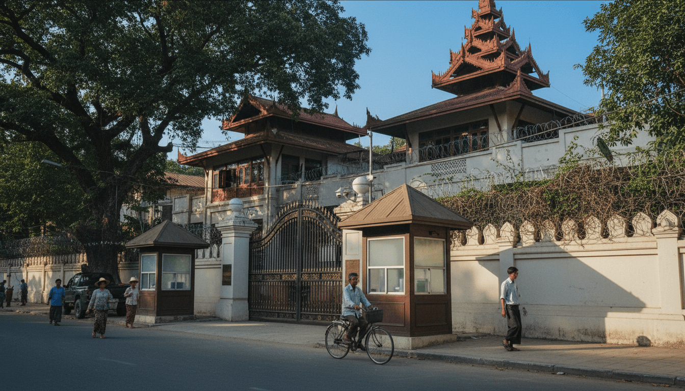 A wide shot of a residential compound in an urban area of Myanmar, possibly where the Myanmar leader transitions to house arrest, with high walls and security features visible.