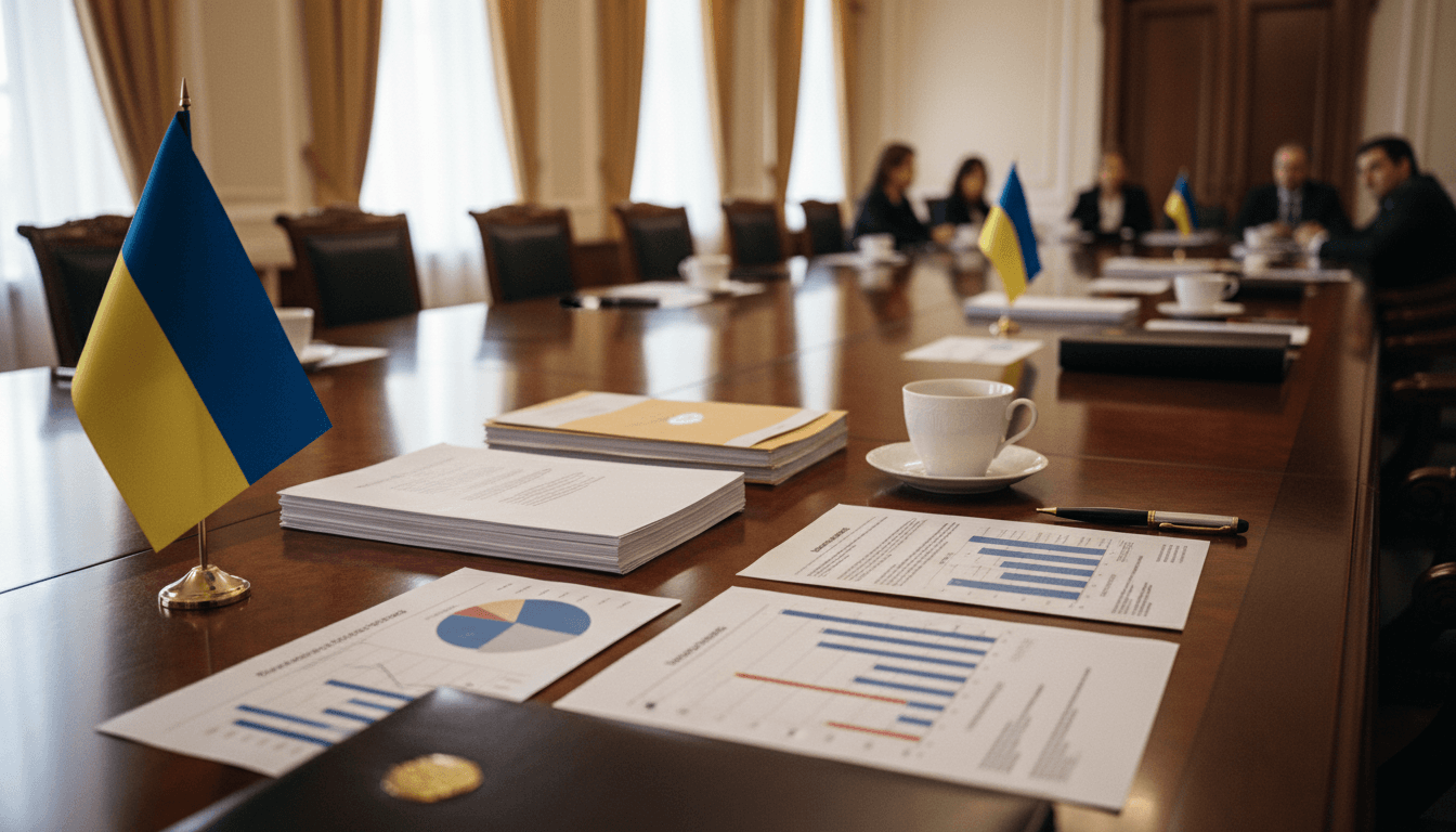 A formal diplomatic meeting table with a Ukrainian flag, a document titled 'Defence Strategy,' and a stack of financial reports symbolizing sanctions as Zelenskyy rallies partners.