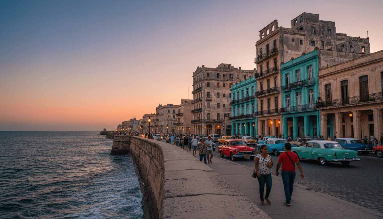 A wide shot of Havana's iconic Malecón seawall with historic buildings and classic cars, symbolizing the enduring impact of wider US sanctions on Cuba.