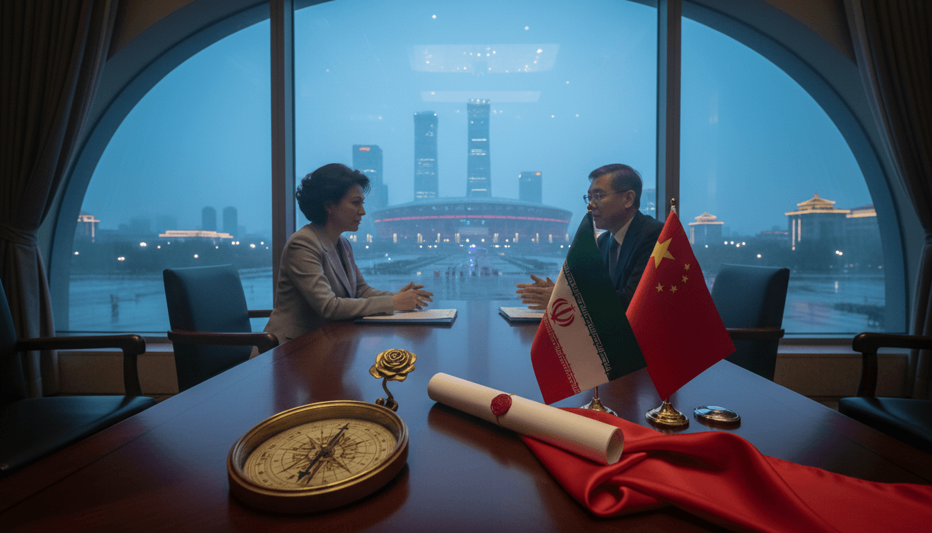 A detailed still life composition featuring a miniature Iranian flag and a Chinese flag, both slightly unfurled, resting on a polished dark wood table. Between them, a small, antique brass compass points eastward, subtly implying geopolitical direction. A stylized, gold-embossed diplomatic document, partially rolled, lies nearby, suggesting high-level discussions. The scene is bathed in soft, neutral light.