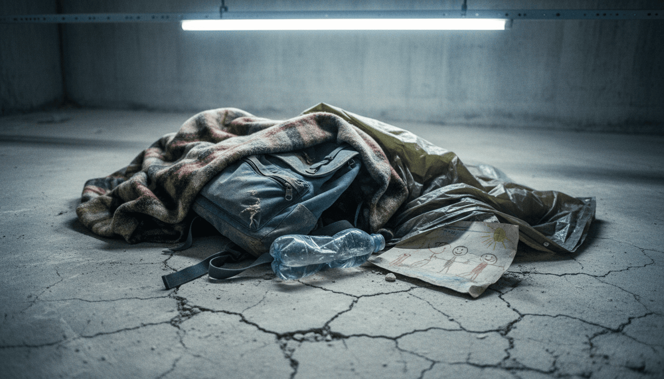 A collection of worn personal items and a makeshift shelter, symbolizing the manufactured refugee homelessness crisis in Greece.