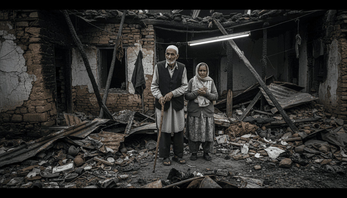 An elderly man in Indian-administered Kashmir surveys his home, damaged by cross-border shelling during the 2025 India-Pakistan ceasefire conflict, leaning on a wooden walking stick amidst debris.