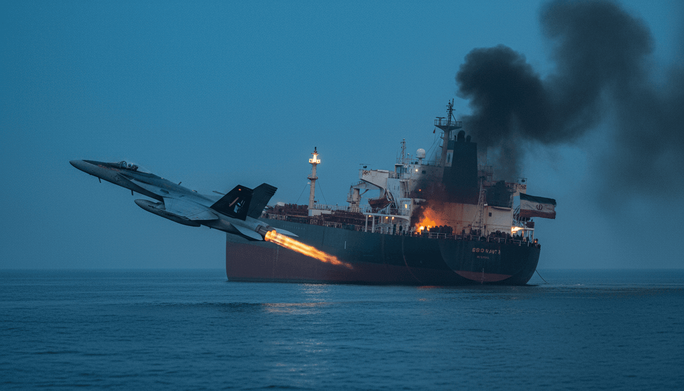 A U.S. Navy F/A-18 Super Hornet fighter jet flying over the Strait of Hormuz, having just fired on an Iranian-flagged oil tanker, with smoke visible from the disabled vessel in the distance, emphasizing the direct military engagement in the Iran conflict.