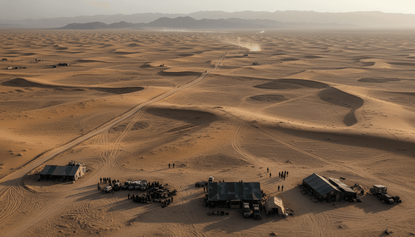 An aerial view of the Iranian desert landscape, with faint traces of military infrastructure, symbolizing how the Iran war delays Trump-Xi summit tariff talks.