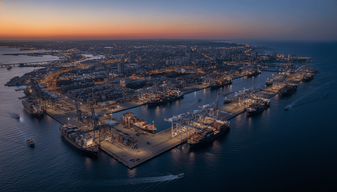 Aerial view of a bustling port city with cargo ships and industrial facilities, representing the economic impact of US sanctions on 12 Iran-linked targets.