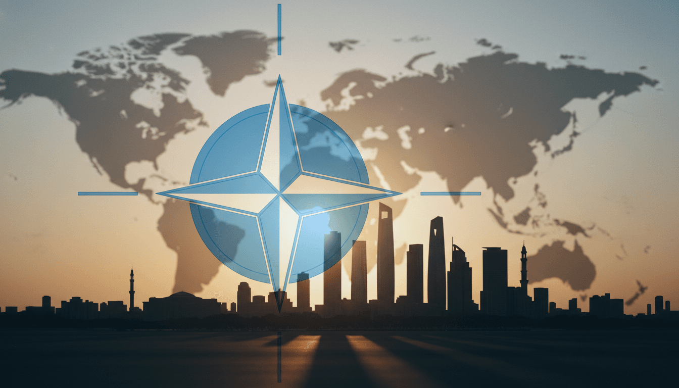 A conceptual image showing NATO to invite Gulf countries, represented by an interlocking of the NATO compass rose with stylized silhouettes of Gulf region cityscapes.