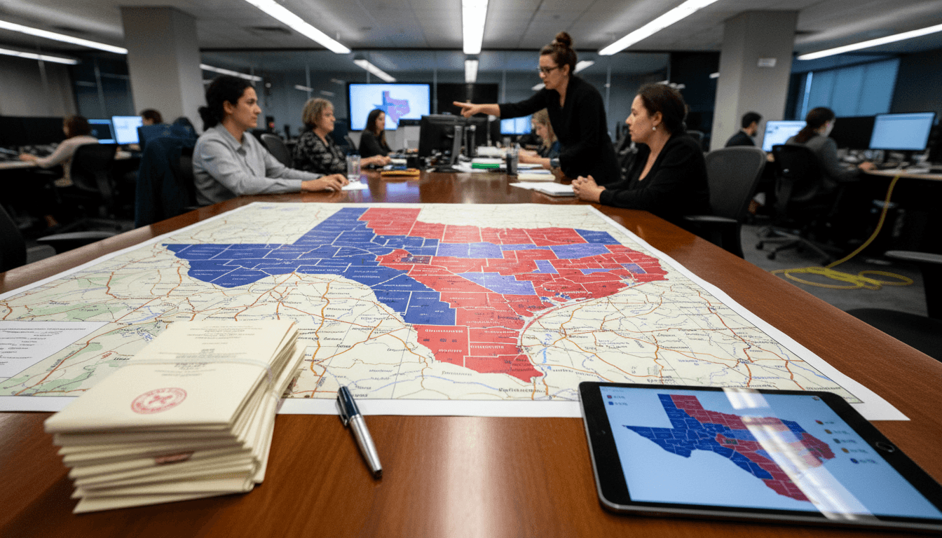 A detailed map of Texas showing county-by-county Texas runoff election results with various shades indicating different outcomes or winning parties. Small election ballots and a pen are placed neatly in the foreground.