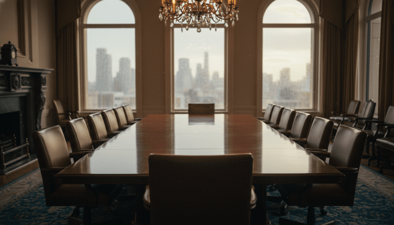 A dimly lit, empty conference room after a high-stakes meeting, emphasizing the atmosphere of cross-Strait restraint.