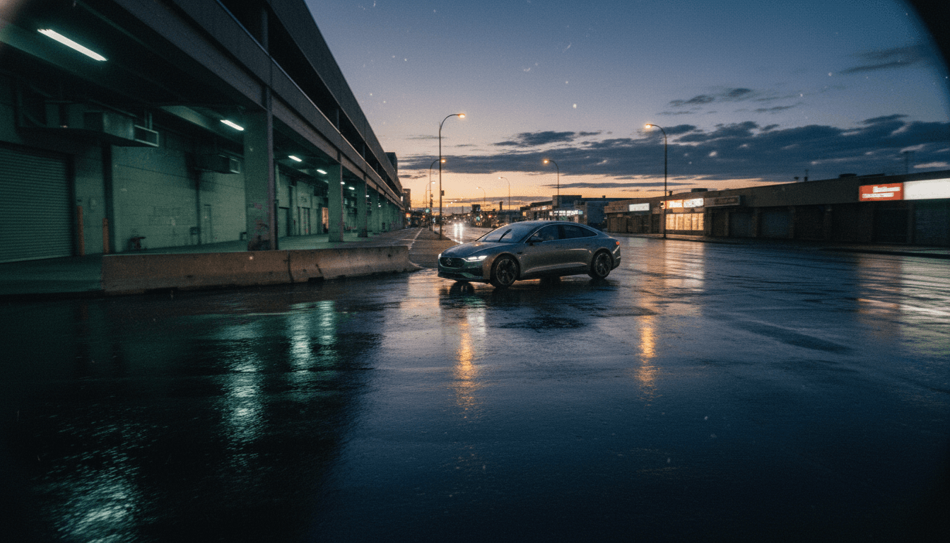 An autonomous vehicle navigating a city street at dusk, illustrating the latest autonomous vehicle news.