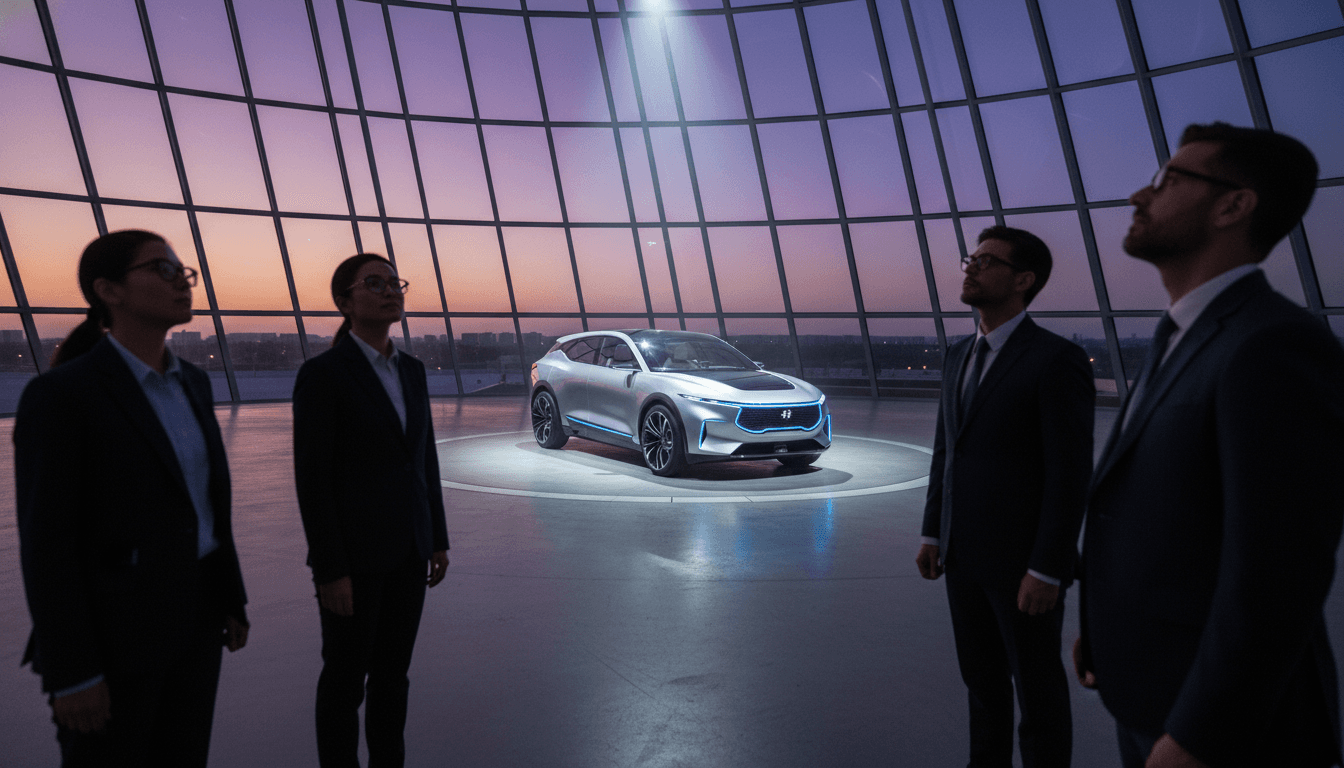 A sleek, modern future hybrid three-row SUV concept car with blue accent lighting on a rotating display stand at an automotive show, with attendees observing.