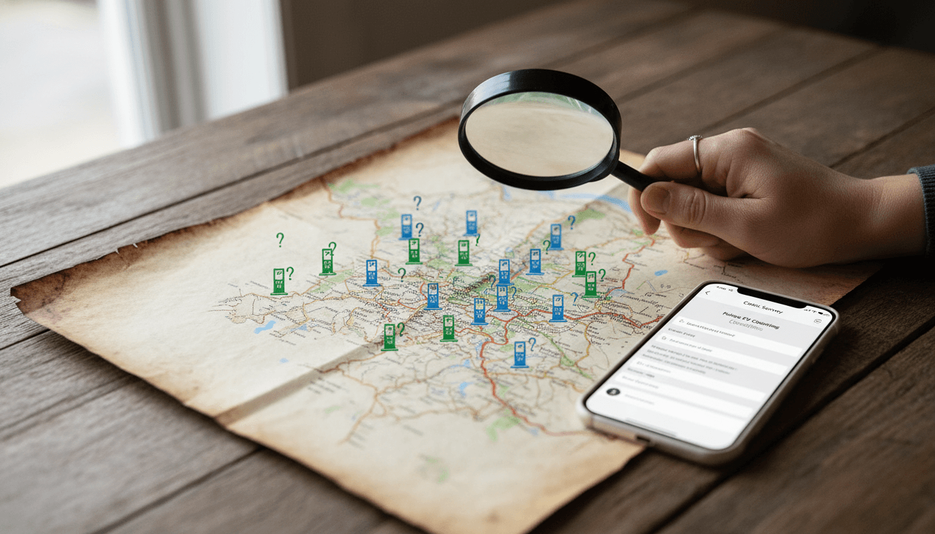 A detailed map of Wales overlaid with various proposed electric vehicle charging point icons, with a magnifying glass hovering over a specific region, symbolizing 'Wales residents invited to shape' the network.