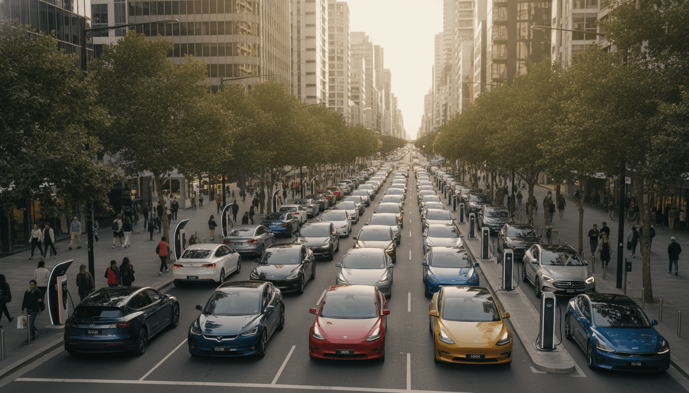 An aerial view of a bustling city street with a significant number of diverse electric vehicles, showcasing the growing Australian EV market share and charging infrastructure.