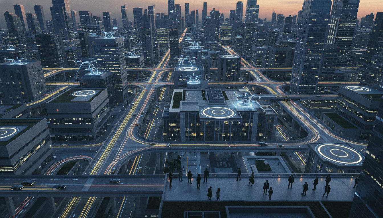 An aerial view of a futuristic smart city with several fully self-driving cars navigating complex intersections autonomously.