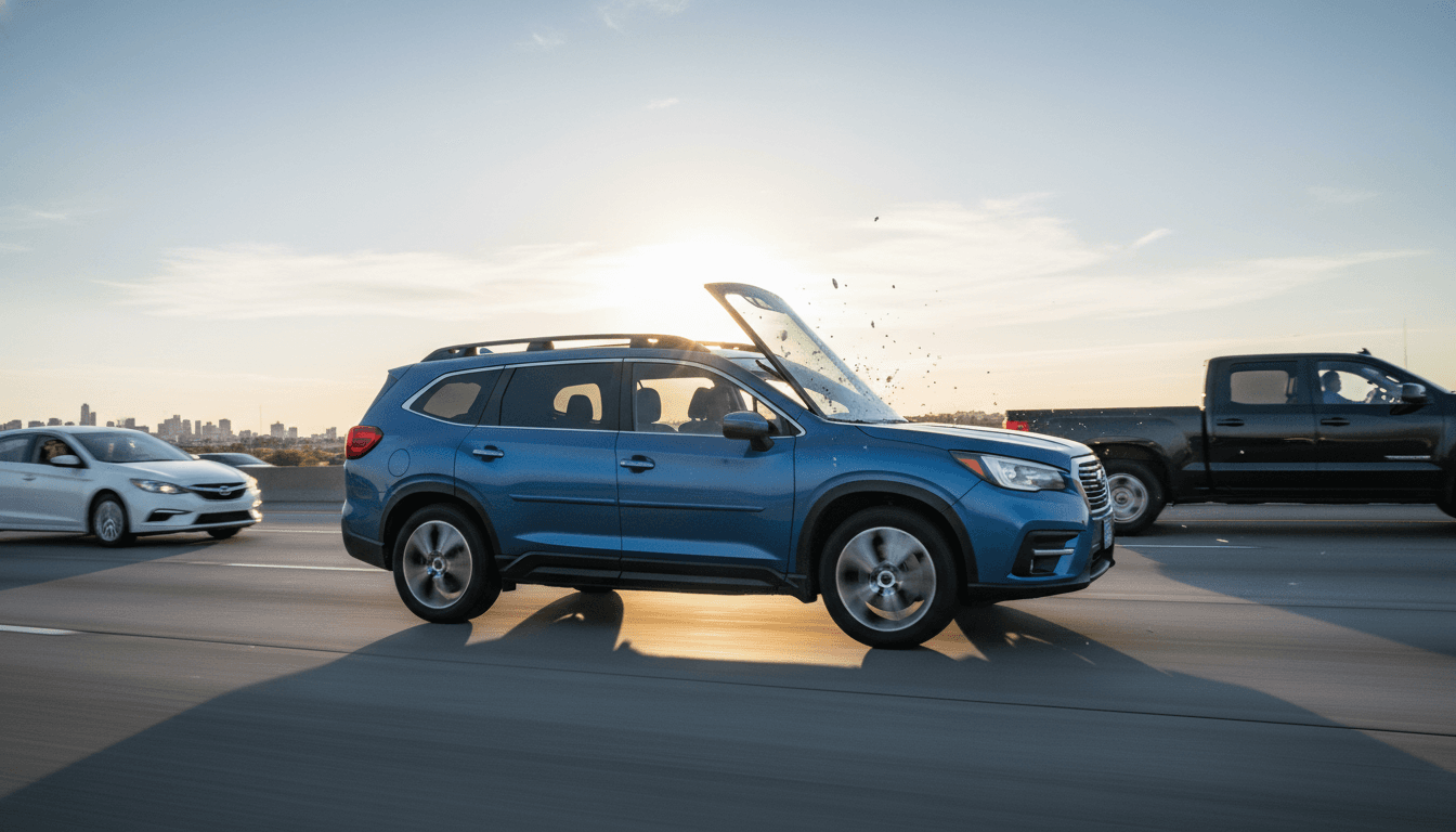 A Subaru SUV driving down a highway with its moonroof visibly detached and flying off, illustrating the safety concern of moonroofs may detach while driving.