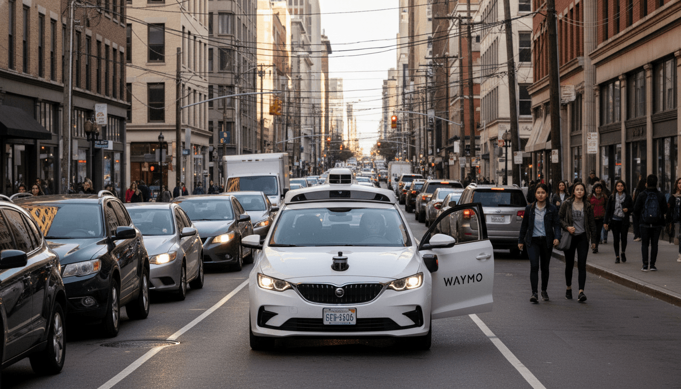 A Waymo driverless taxi, with its distinctive sensors, stopped on a street in San Francisco while traffic backs up behind it, illustrating a potential issue that a self-driving car complaint portal aims to address.