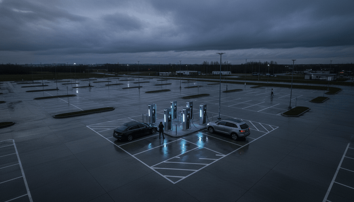 A solitary electric vehicle charging station stands under a moody, overcast sky, its screen dimly lit, reflecting the urgent need for expanded global EV charging infrastructure.