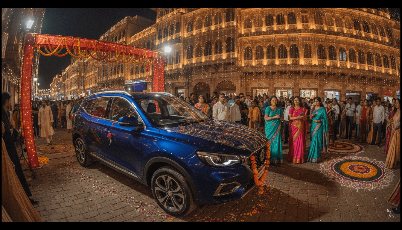 A sleek, modern MG’s first hybrid SUV, possibly the rebranded Wuling Starlight 560, parked against a festive Diwali backdrop with subtle lights.