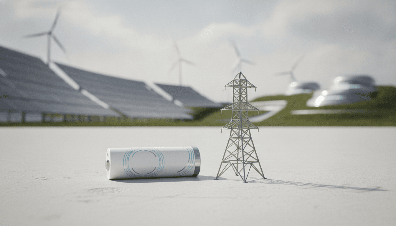 A close-up still life arrangement featuring a sleek, modern sodium-ion battery cell next to a miniature, stylized grid tower model, symbolizing the partnership between GM and Peak Energy for grid storage.