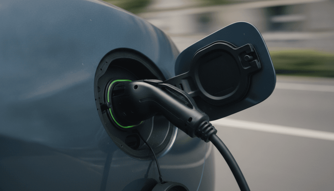 A close-up of a sleek, modern electric vehicle charging port, with a green glow indicating power flow, representing the Opel targets Skoda Elroq strategy.